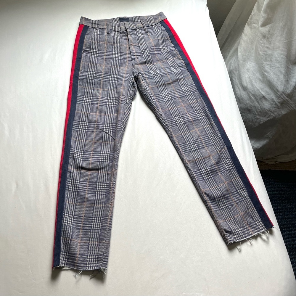 MOTHER shaker prep blue houndstooth plaid side stripe raw fray hem cropped pants